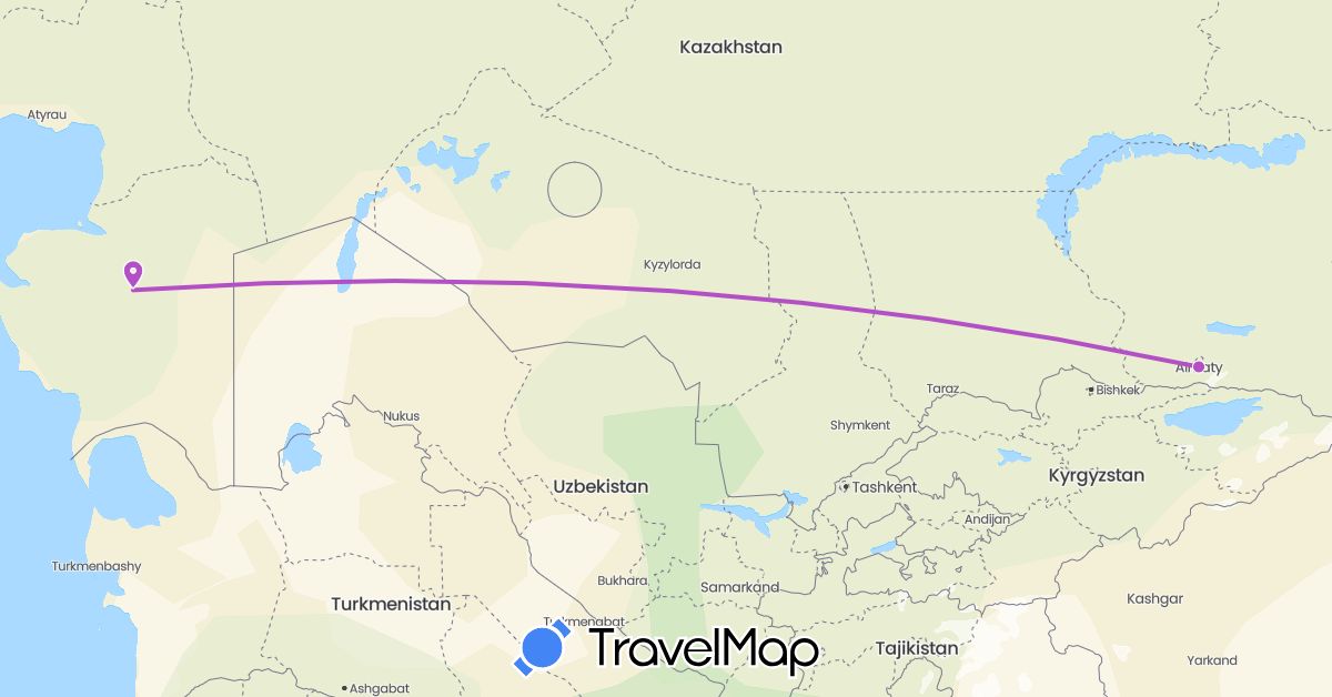 TravelMap itinerary: driving, train in Kazakhstan (Asia)