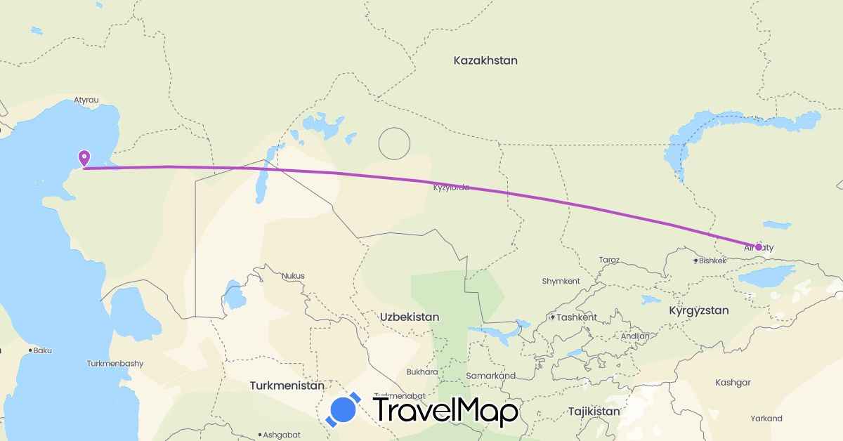 TravelMap itinerary: driving, train in Kazakhstan (Asia)
